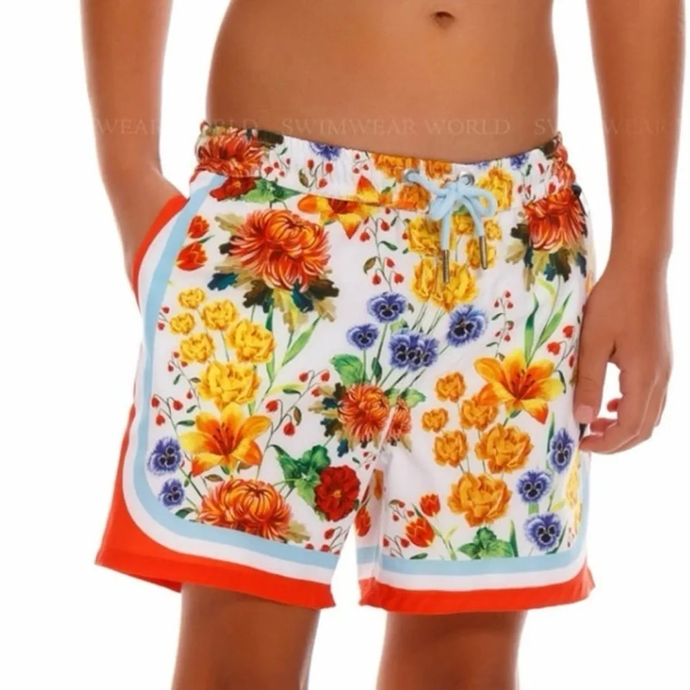 Agua Bendita Floral Swim Shorts with Orange Trim